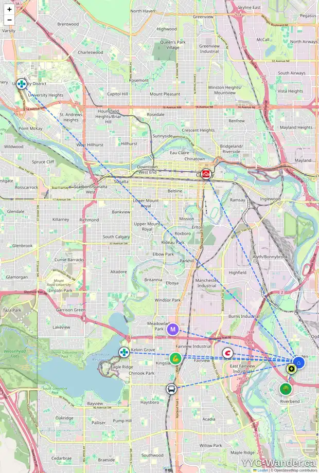 Daily accessibility map for 7404 20 ST SE, Calgary showing nearby schools, grocery stores, parks, LRT stations and nearby amenities
