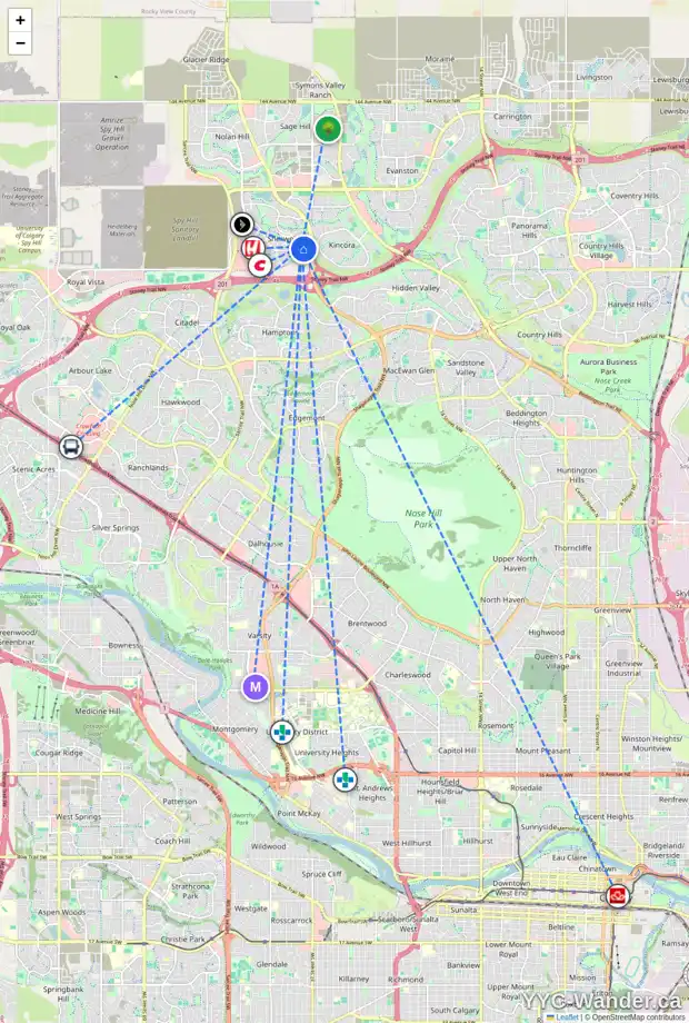 Daily accessibility map for 25 SHERWOOD WY NW, Calgary showing nearby schools, grocery stores, parks, LRT stations and nearby amenities