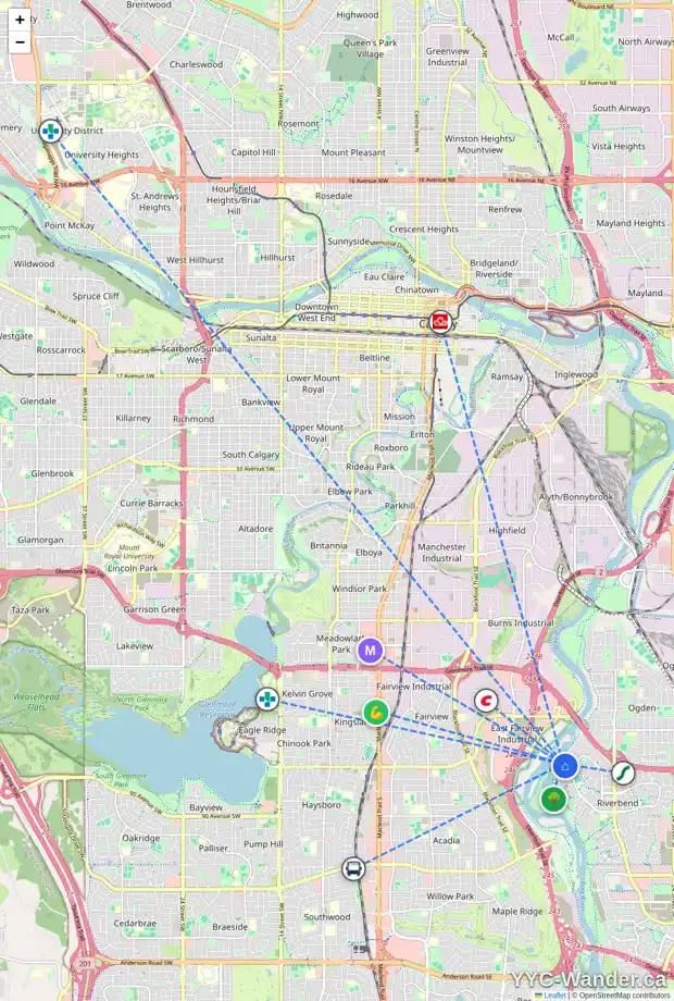 Daily accessibility map for 172 RIVERSIDE CI SE, Calgary showing nearby schools, grocery stores, parks, LRT stations and nearby amenities