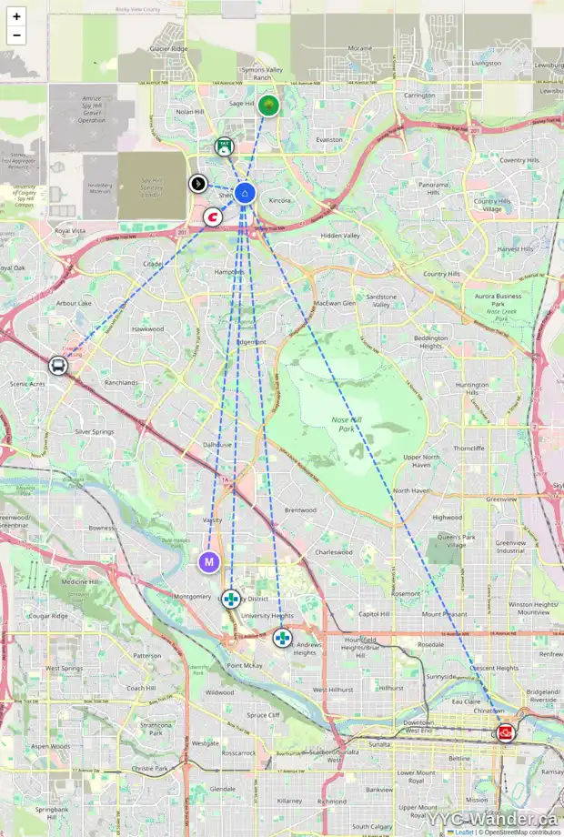 Daily accessibility map for 74 SHERWOOD TC NW, Calgary showing nearby schools, grocery stores, parks, LRT stations and nearby amenities