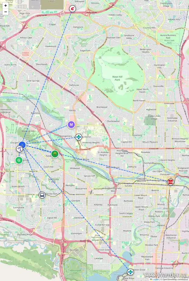 Daily accessibility map for 125 COUGAR PLATEAU ME SW, Calgary showing nearby schools, grocery stores, parks, LRT stations and nearby amenities