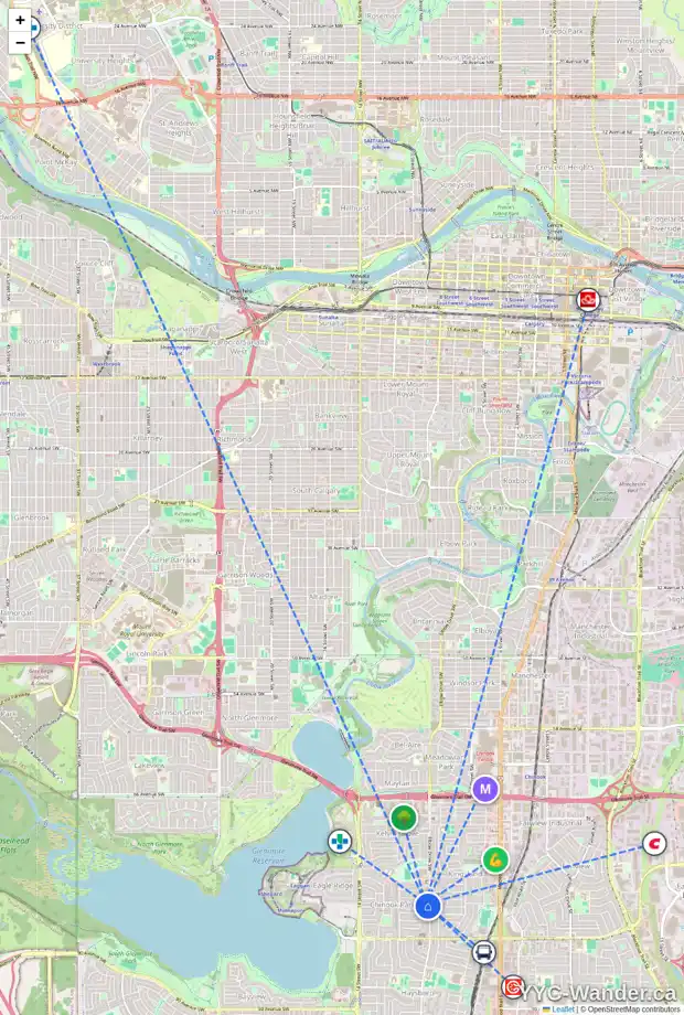 Daily accessibility map for 8007 ELBOW DR SW, Calgary showing nearby schools, grocery stores, parks, LRT stations and nearby amenities