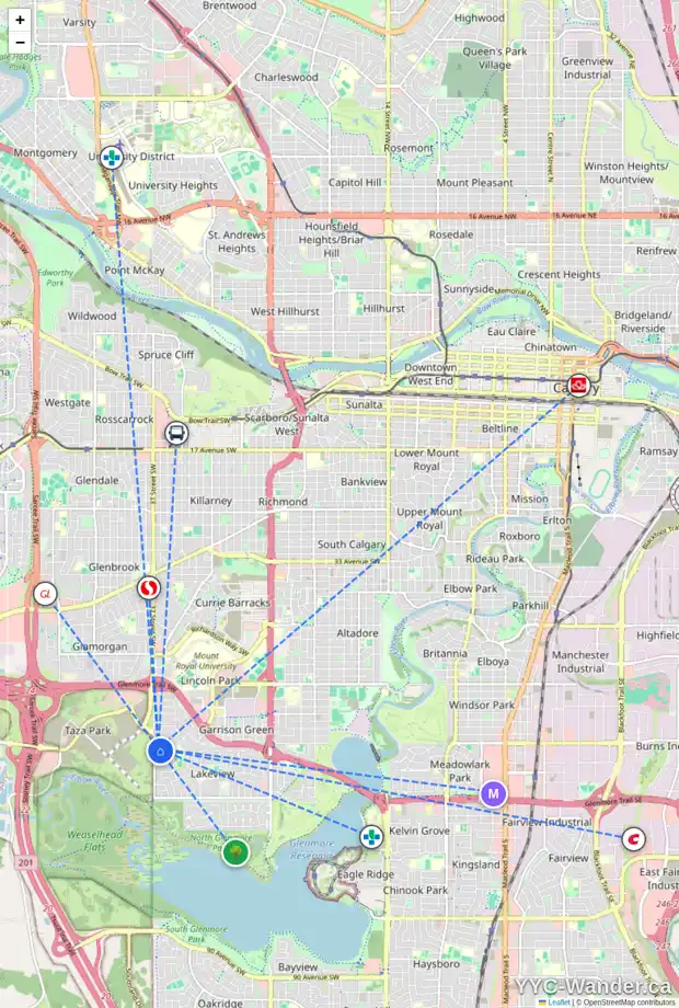 Daily accessibility map for 3719 58 AV SW, Calgary showing nearby schools, grocery stores, parks, LRT stations and nearby amenities