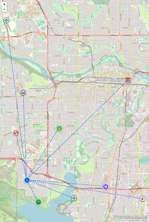 Daily accessibility map for 6116 LEWIS DR SW, Calgary showing nearby schools, grocery stores, parks, LRT stations and nearby amenities