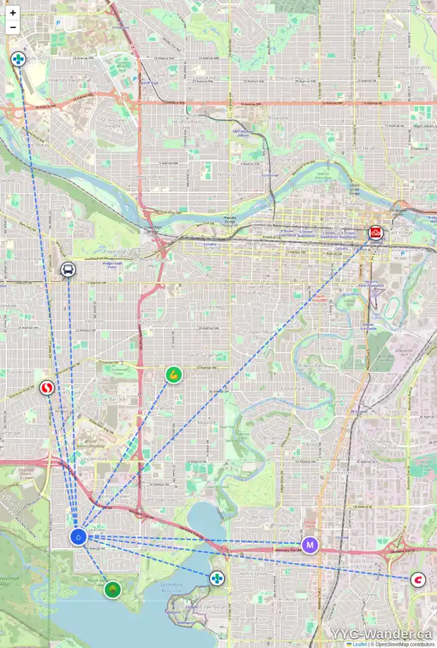 Daily accessibility map for 3424 LAKESIDE CR SW, Calgary showing nearby schools, grocery stores, parks, LRT stations and nearby amenities