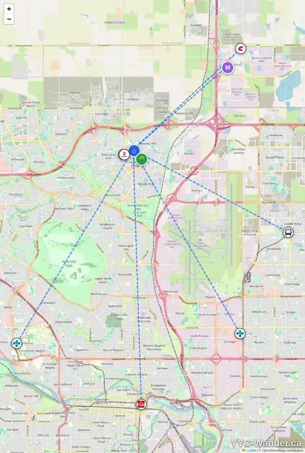 Daily accessibility map for 77 COVENTRY HILLS DR NE, Calgary showing nearby schools, grocery stores, parks, LRT stations and nearby amenities