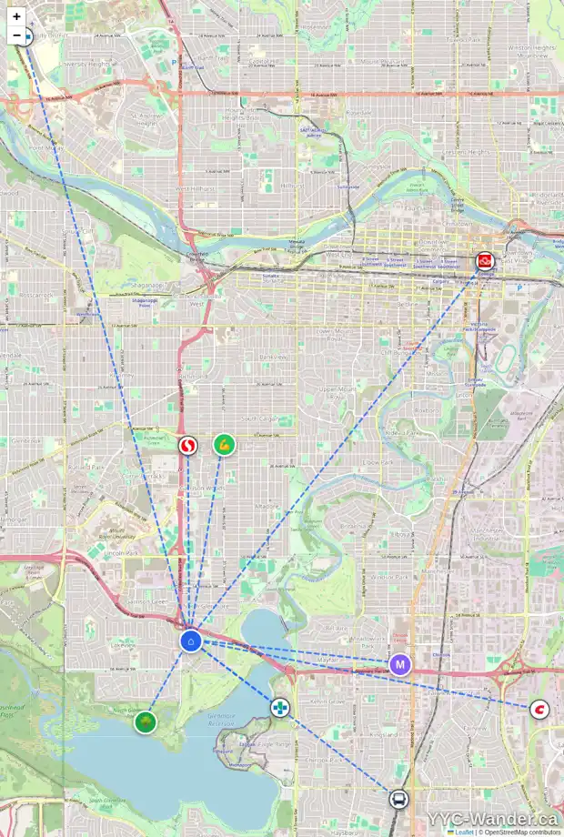 Daily accessibility map for 6408 LOMBARDY CR SW, Calgary showing nearby schools, grocery stores, parks, LRT stations and nearby amenities