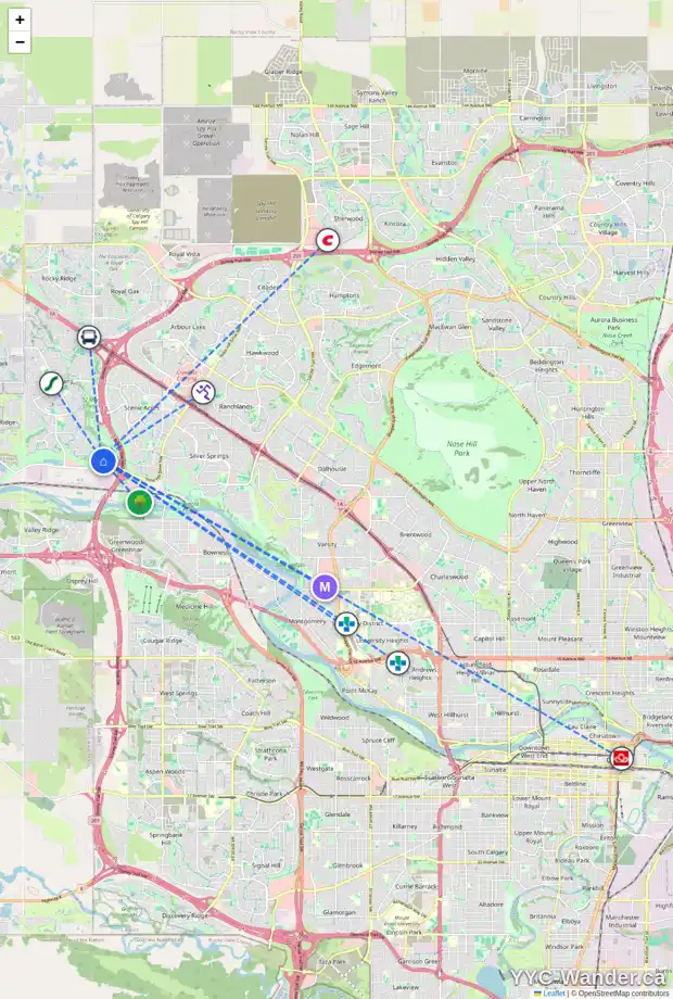 Daily accessibility map for 407 TUSCANY RAVINE RD NW, Calgary showing nearby schools, grocery stores, parks, LRT stations and nearby amenities