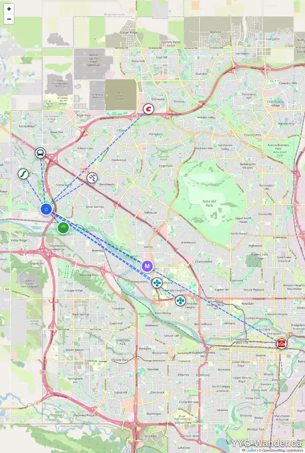 Daily accessibility map for 419 TUSCANY RAVINE RD NW, Calgary showing nearby schools, grocery stores, parks, LRT stations and nearby amenities