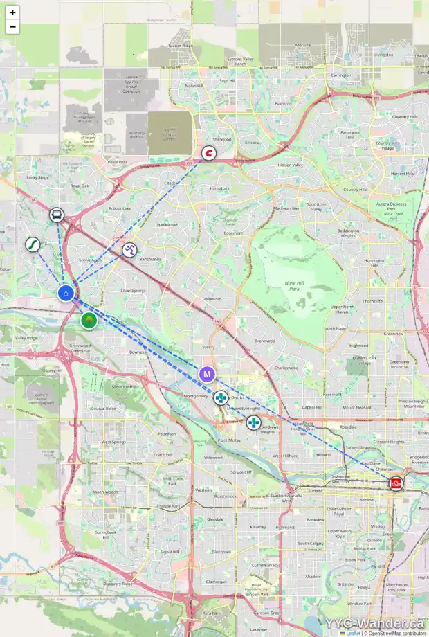 Daily accessibility map for 579 TUSCANY RAVINE RD NW, Calgary showing nearby schools, grocery stores, parks, LRT stations and nearby amenities