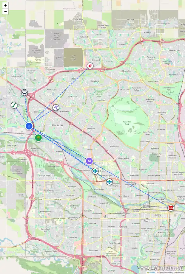 Daily accessibility map for 370 TUSCANY RAVINE RD NW, Calgary showing nearby schools, grocery stores, parks, LRT stations and nearby amenities