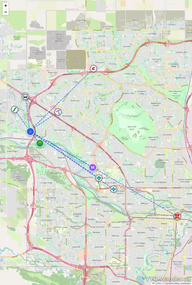 Daily accessibility map for 382 TUSCANY RAVINE RD NW, Calgary showing nearby schools, grocery stores, parks, LRT stations and nearby amenities