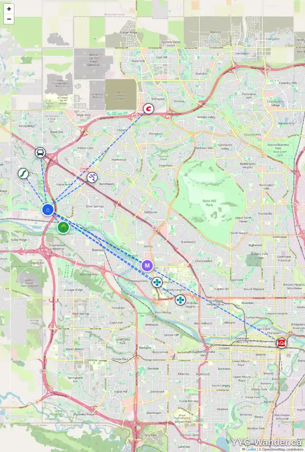 Daily accessibility map for 398 TUSCANY RAVINE RD NW, Calgary showing nearby schools, grocery stores, parks, LRT stations and nearby amenities