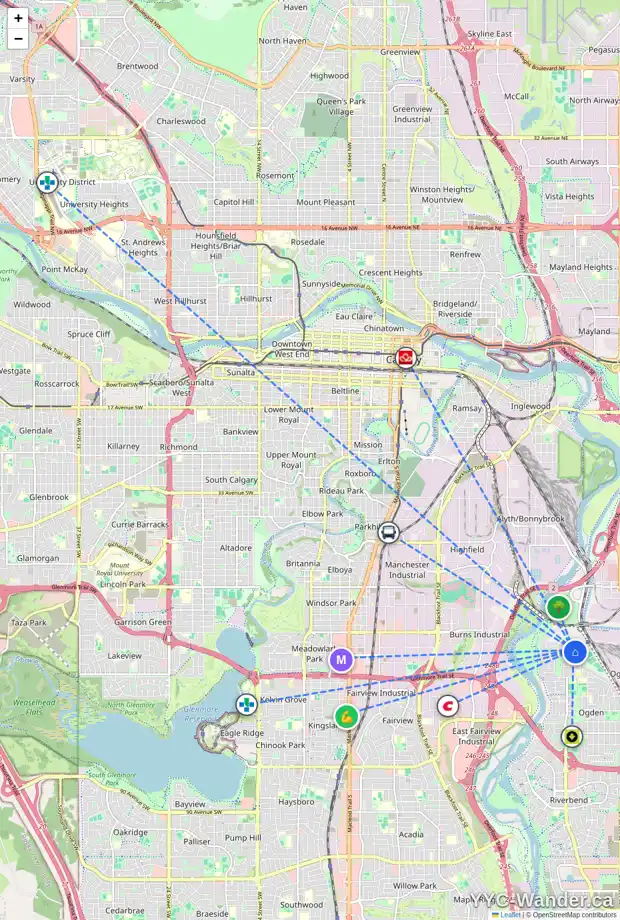 Daily accessibility map for 6227 19 ST SE, Calgary showing nearby schools, grocery stores, parks, LRT stations and nearby amenities