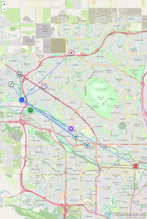 Daily accessibility map for 522 TUSCANY RAVINE RD NW, Calgary showing nearby schools, grocery stores, parks, LRT stations and nearby amenities