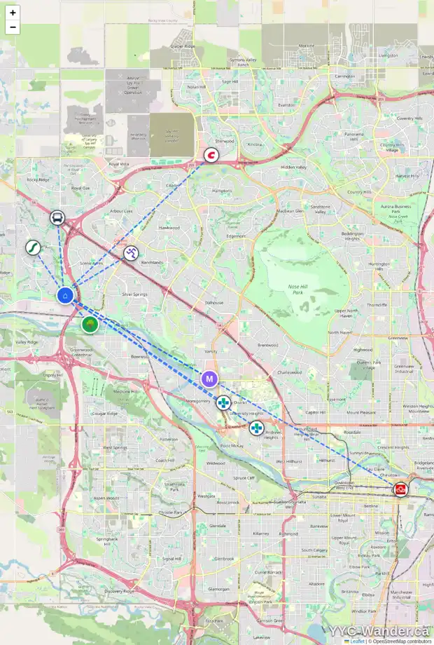 Daily accessibility map for 542 TUSCANY RAVINE RD NW, Calgary showing nearby schools, grocery stores, parks, LRT stations and nearby amenities
