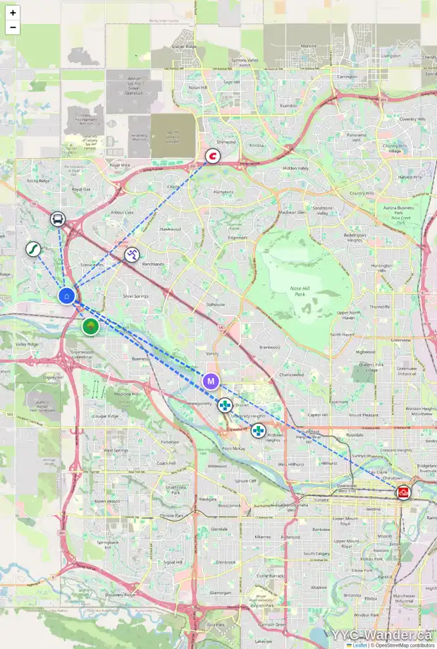 Daily accessibility map for 333 TUSCANY RAVINE RD NW, Calgary showing nearby schools, grocery stores, parks, LRT stations and nearby amenities