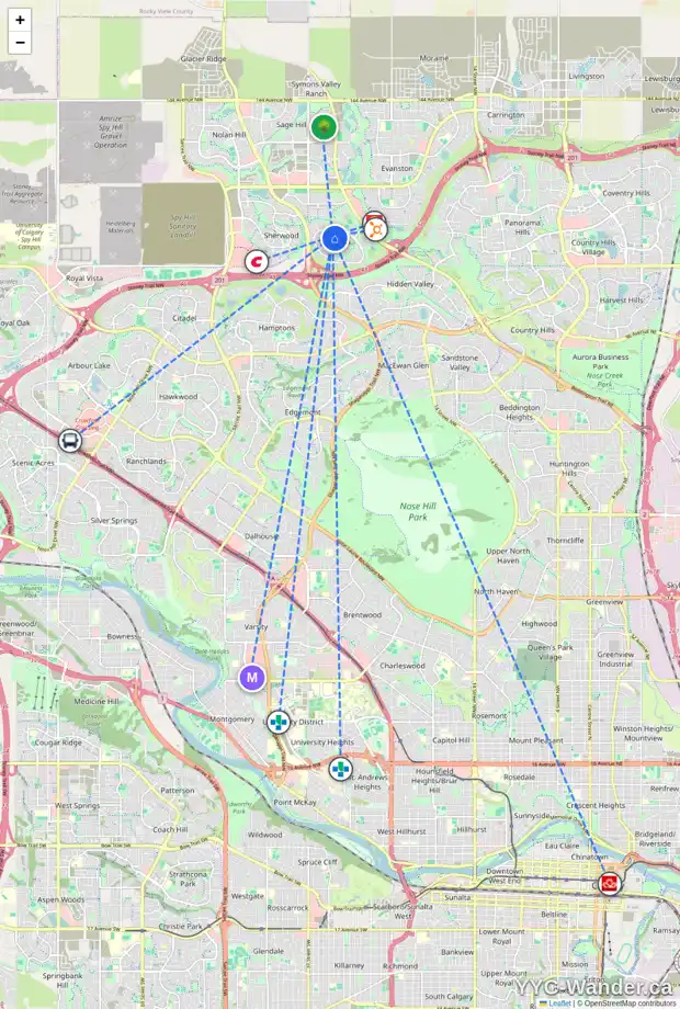 Daily accessibility map for 99 KINCORA VW NW, Calgary showing nearby schools, grocery stores, parks, LRT stations and nearby amenities
