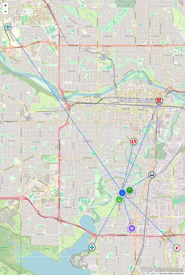 Daily accessibility map for 716 48 AV SW, Calgary showing nearby schools, grocery stores, parks, LRT stations and nearby amenities