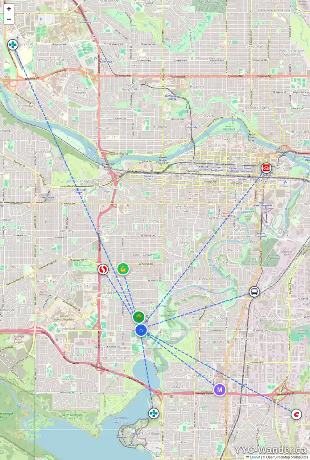 Daily accessibility map for 1744 50 AV SW, Calgary showing nearby schools, grocery stores, parks, LRT stations and nearby amenities