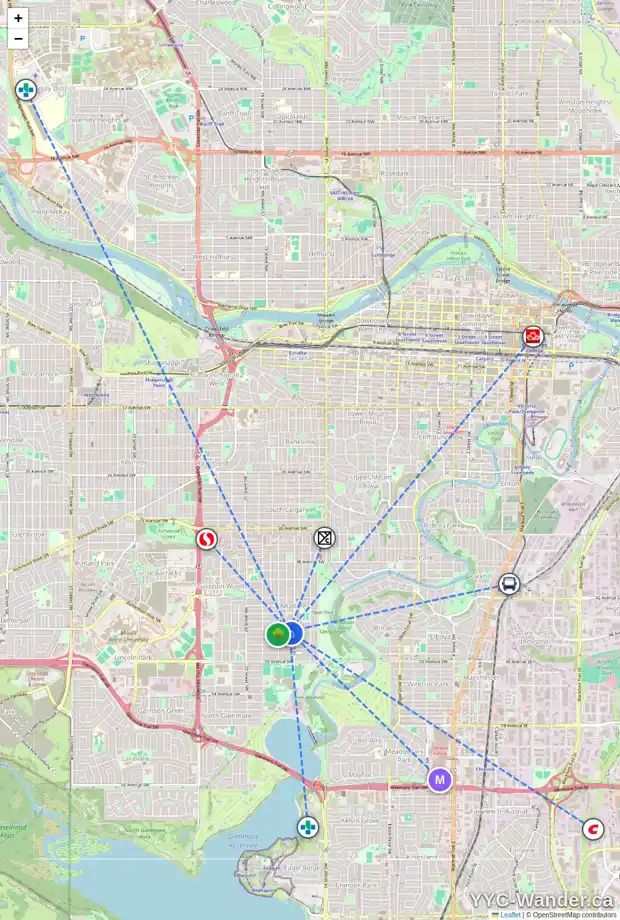 Daily accessibility map for 1715 46 AV SW, Calgary showing nearby schools, grocery stores, parks, LRT stations and nearby amenities