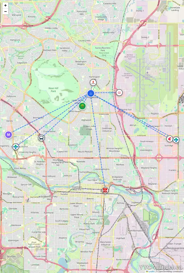 Daily accessibility map for 726 TAVENDER RD NW, Calgary showing nearby schools, grocery stores, parks, LRT stations and nearby amenities