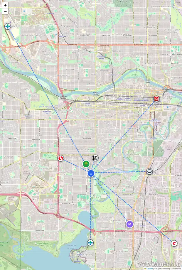 Daily accessibility map for 4203 15 ST SW, Calgary showing nearby schools, grocery stores, parks, LRT stations and nearby amenities