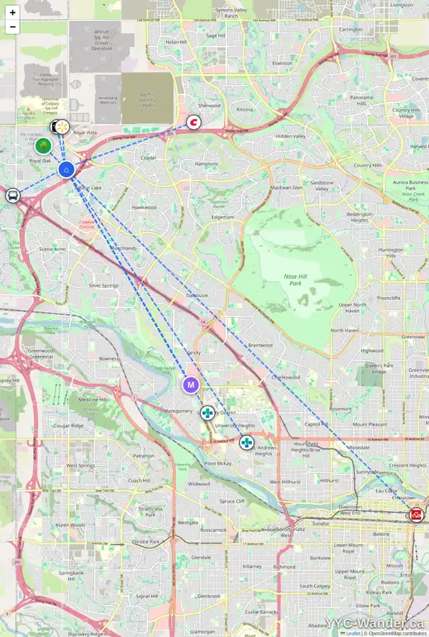 Daily accessibility map for 101 ROYAL CREST VW NW, Calgary showing nearby schools, grocery stores, parks, LRT stations and nearby amenities