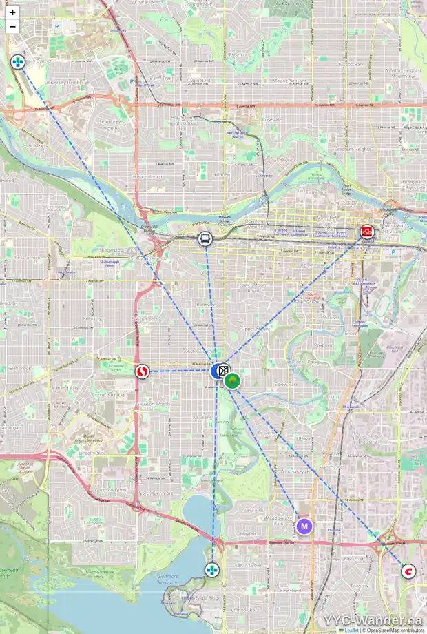 Daily accessibility map for 1539 34 AV SW, Calgary showing nearby schools, grocery stores, parks, LRT stations and nearby amenities
