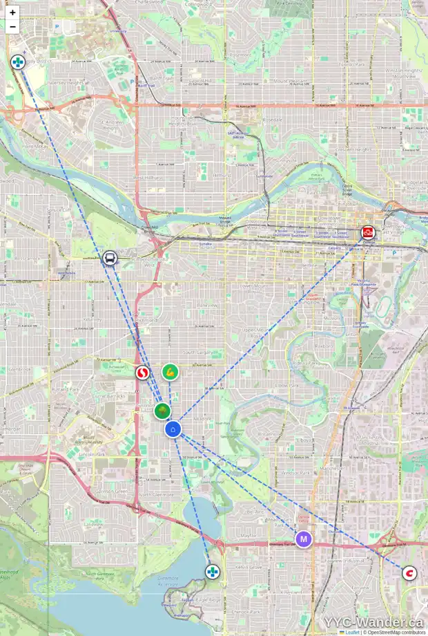 Daily accessibility map for 2046 45 AV SW, Calgary showing nearby schools, grocery stores, parks, LRT stations and nearby amenities