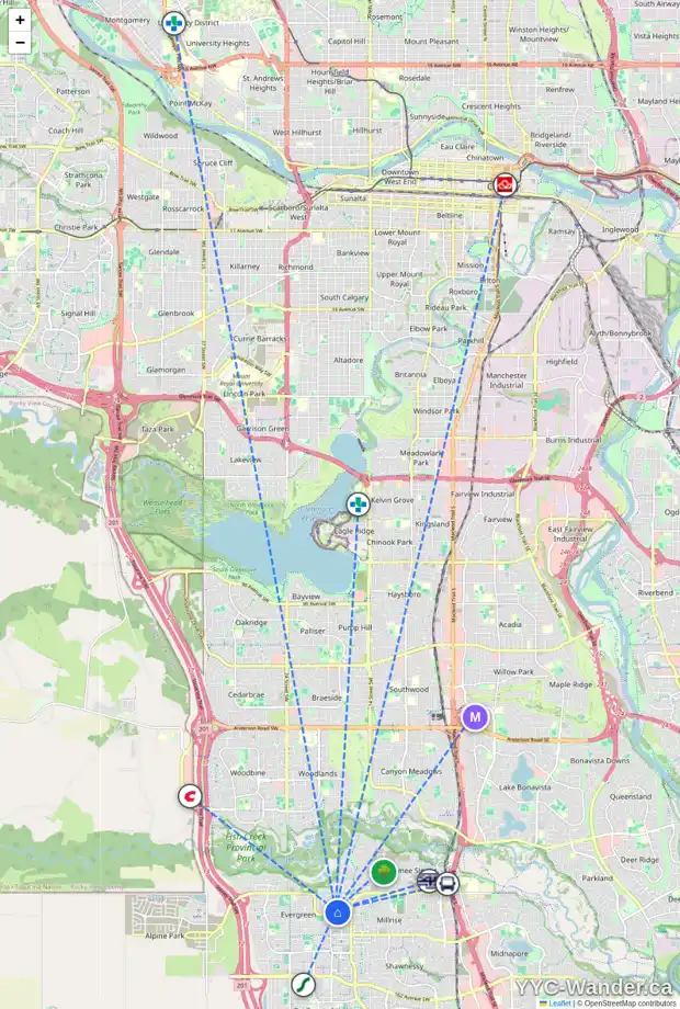 Daily accessibility map for 107 EVERGREEN SQ SW, Calgary showing nearby schools, grocery stores, parks, LRT stations and nearby amenities