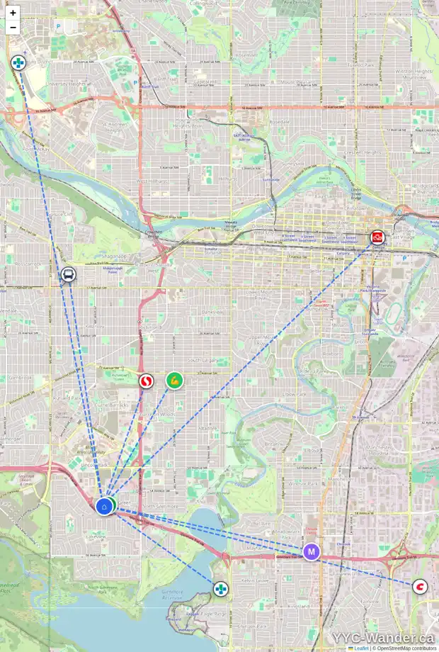 Daily accessibility map for 13 COUTURE CR SW, Calgary showing nearby schools, grocery stores, parks, LRT stations and nearby amenities
