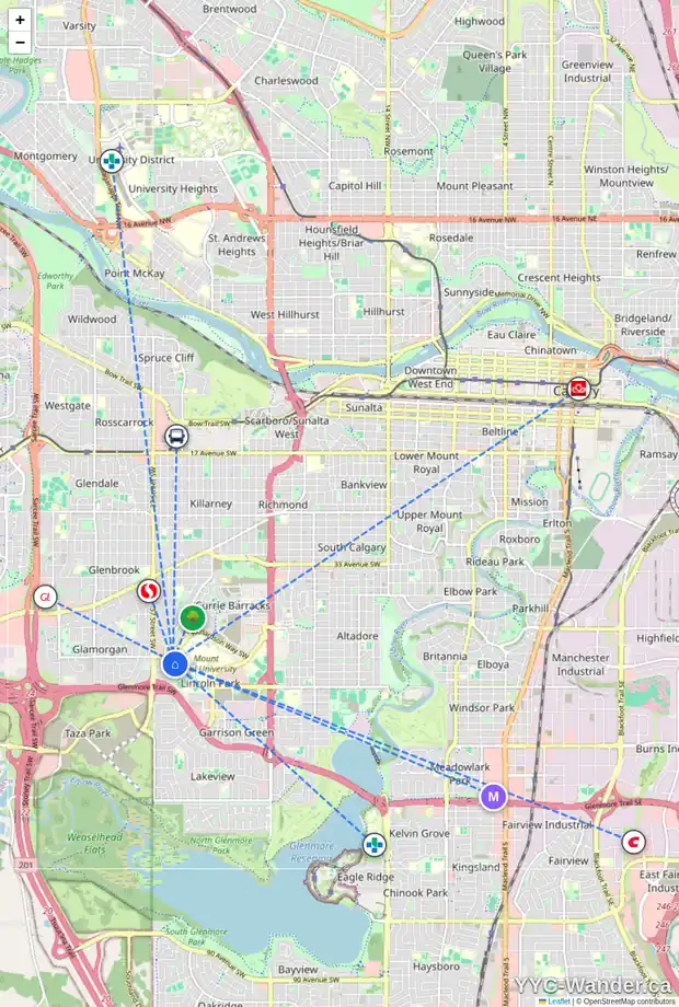 Daily accessibility map for 302 200 LINCOLN WY SW, Calgary showing nearby schools, grocery stores, parks, LRT stations and nearby amenities