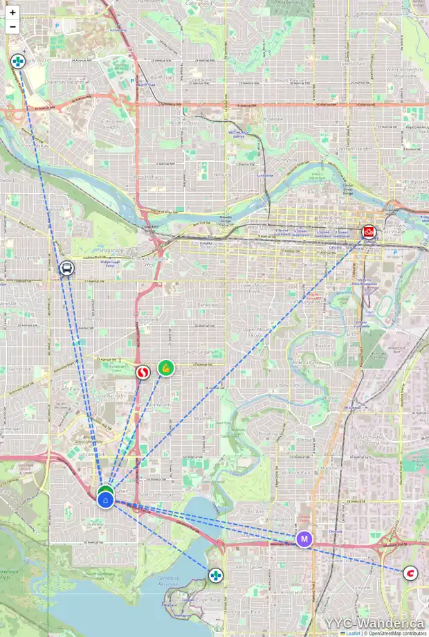 Daily accessibility map for 62 COUTURE CR SW, Calgary showing nearby schools, grocery stores, parks, LRT stations and nearby amenities