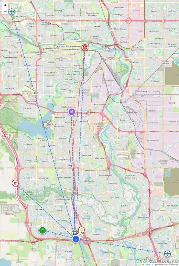 Daily accessibility map for 405 5000 SOMERVALE CO SW, Calgary showing nearby schools, grocery stores, parks, LRT stations and nearby amenities