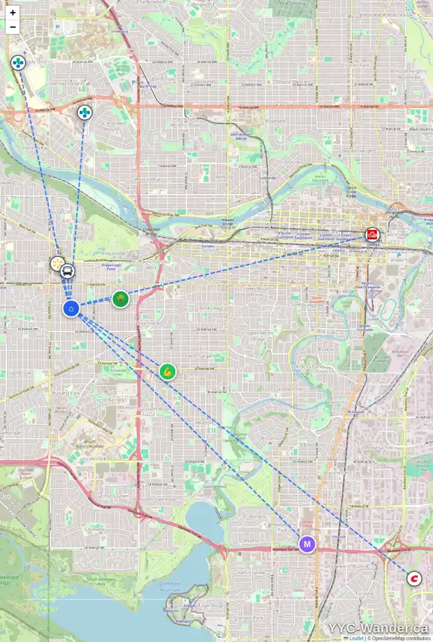 Daily accessibility map for 2215 33 ST SW, Calgary showing nearby schools, grocery stores, parks, LRT stations and nearby amenities