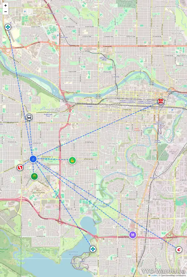 Daily accessibility map for 3427 32 ST SW, Calgary showing nearby schools, grocery stores, parks, LRT stations and nearby amenities