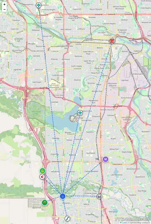 Daily accessibility map for 19 EVERCREEK BLUFFS VW SW, Calgary showing nearby schools, grocery stores, parks, LRT stations and nearby amenities