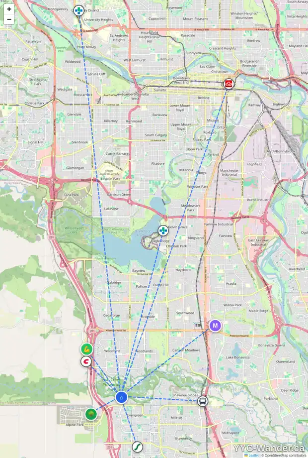 Daily accessibility map for 8 EVERCREEK BLUFFS ME SW, Calgary showing nearby schools, grocery stores, parks, LRT stations and nearby amenities