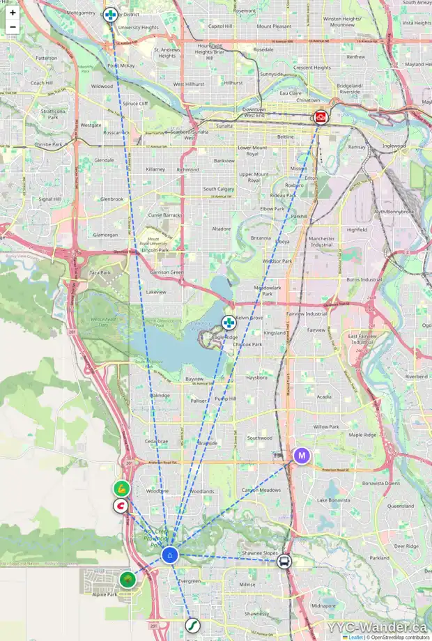 Daily accessibility map for 12 EVERCREEK BLUFFS ME SW, Calgary showing nearby schools, grocery stores, parks, LRT stations and nearby amenities
