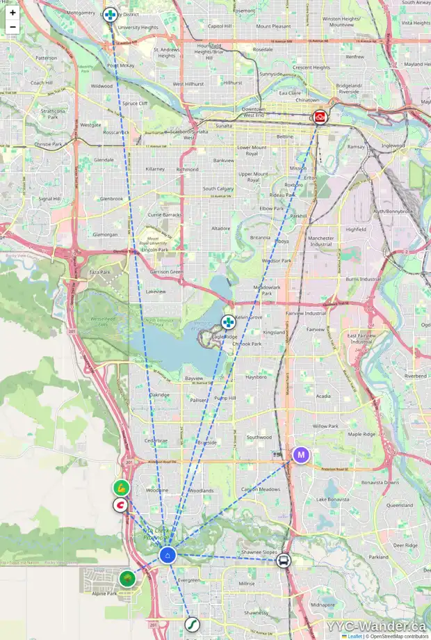 Daily accessibility map for 20 EVERCREEK BLUFFS ME SW, Calgary showing nearby schools, grocery stores, parks, LRT stations and nearby amenities