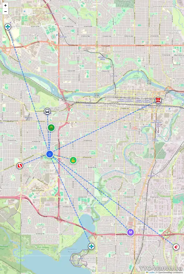 Daily accessibility map for 2704 32 AV SW, Calgary showing nearby schools, grocery stores, parks, LRT stations and nearby amenities