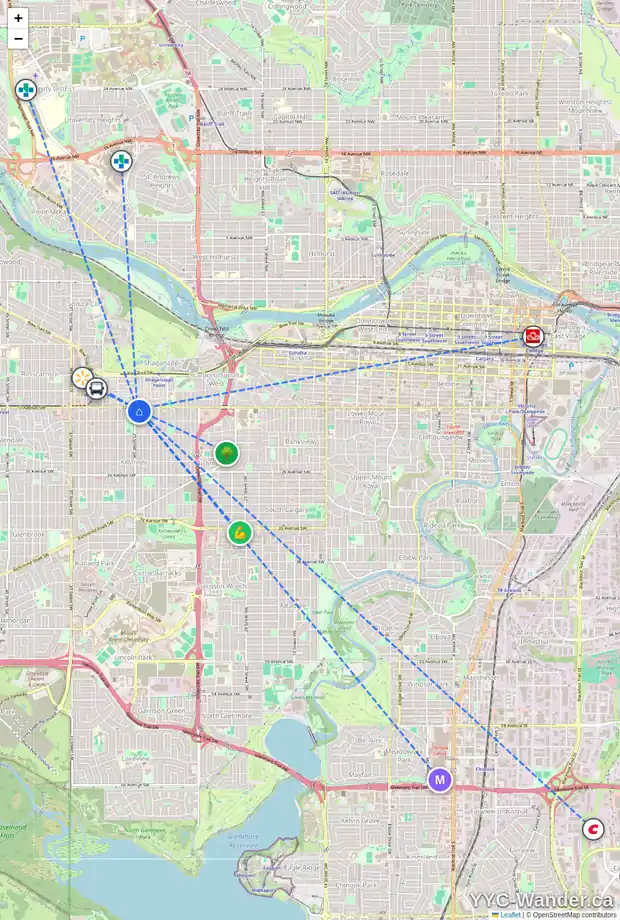 Daily accessibility map for 203 2909 17 AV SW, Calgary showing nearby schools, grocery stores, parks, LRT stations and nearby amenities