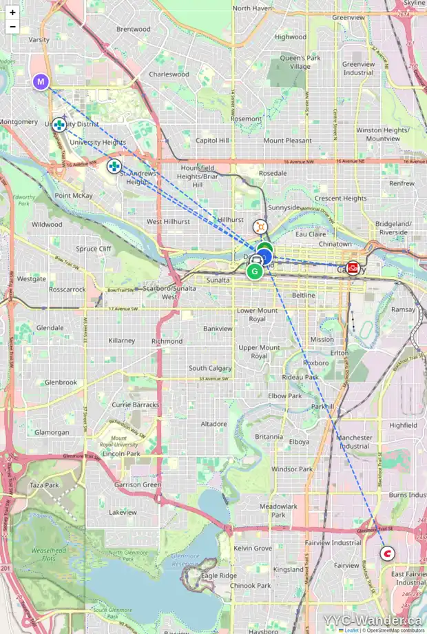 Daily accessibility map for 101 1088 6 AV SW, Calgary showing nearby schools, grocery stores, parks, LRT stations and nearby amenities