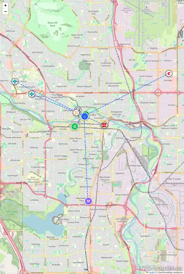 Daily accessibility map for 602 110 7 ST SW, Calgary showing nearby schools, grocery stores, parks, LRT stations and nearby amenities