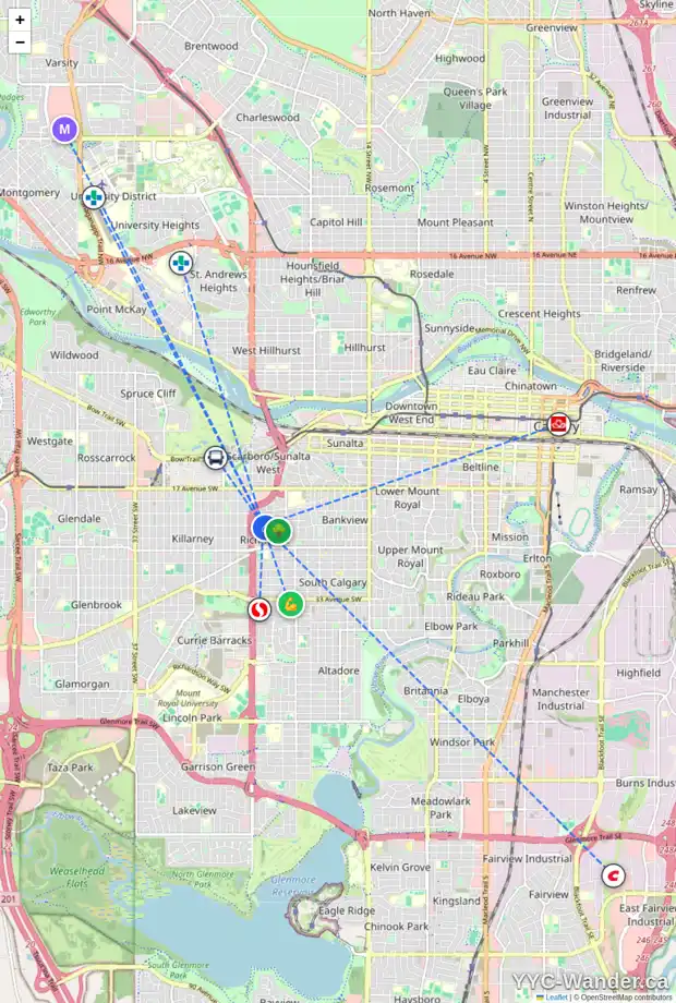 Daily accessibility map for 2332 23 AV SW, Calgary showing nearby schools, grocery stores, parks, LRT stations and nearby amenities