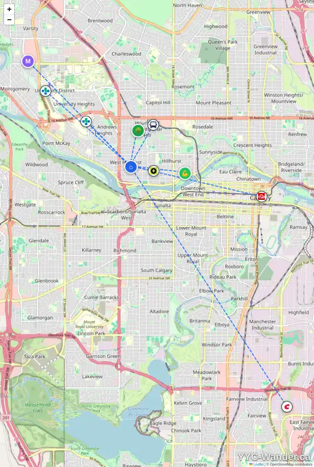 Daily accessibility map for 2301 2 AV NW, Calgary showing nearby schools, grocery stores, parks, LRT stations and nearby amenities