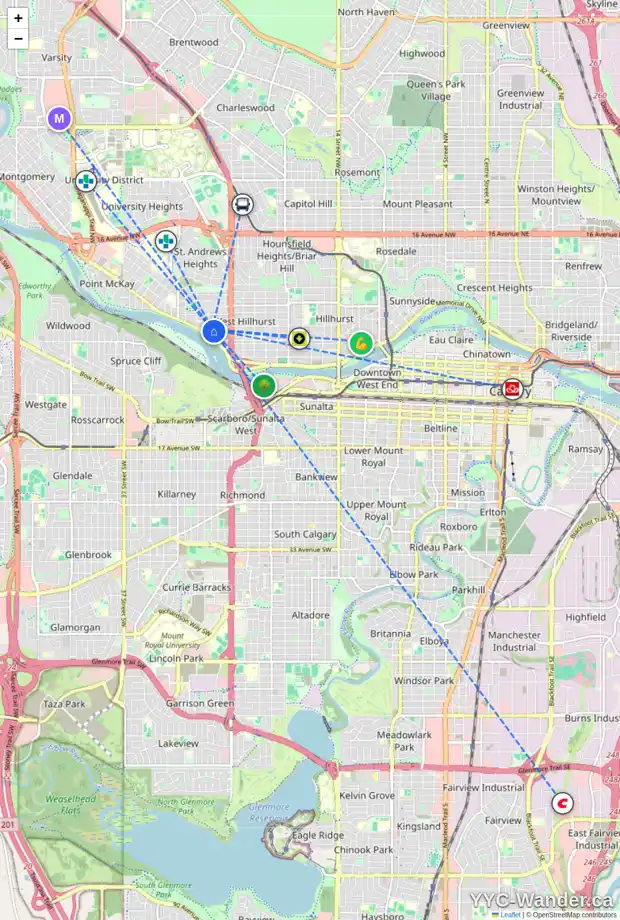 Daily accessibility map for 2634 1 AV NW, Calgary showing nearby schools, grocery stores, parks, LRT stations and nearby amenities