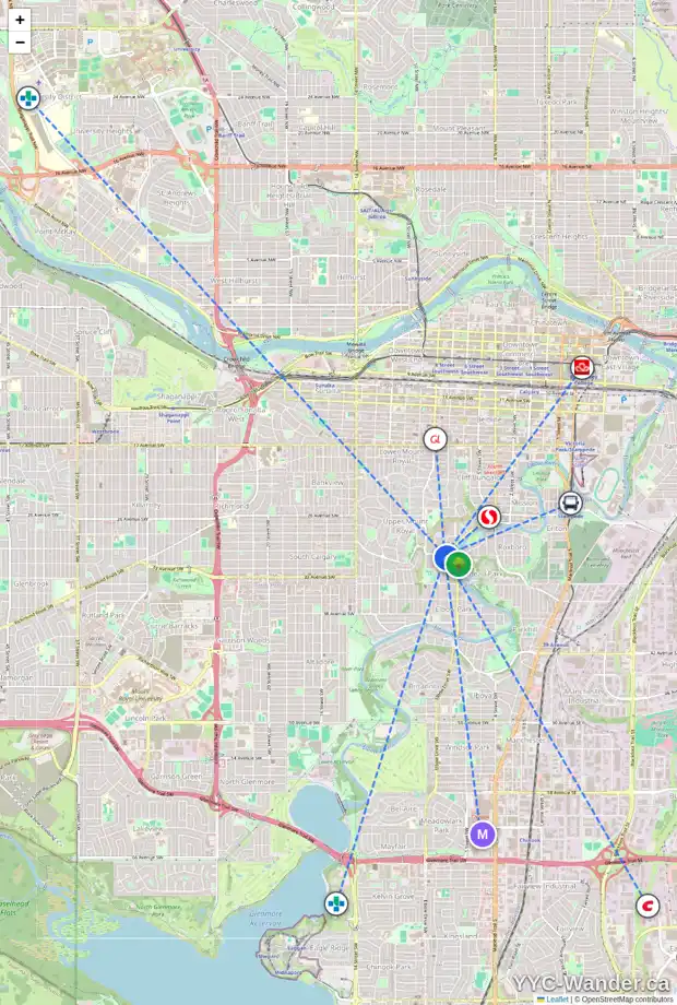 Daily accessibility map for 615 30 AV SW, Calgary showing nearby schools, grocery stores, parks, LRT stations and nearby amenities