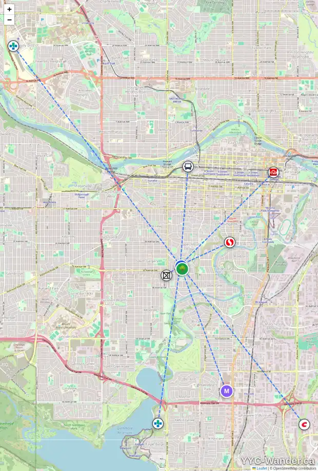 Daily accessibility map for 1134 LEVIS AV SW, Calgary showing nearby schools, grocery stores, parks, LRT stations and nearby amenities